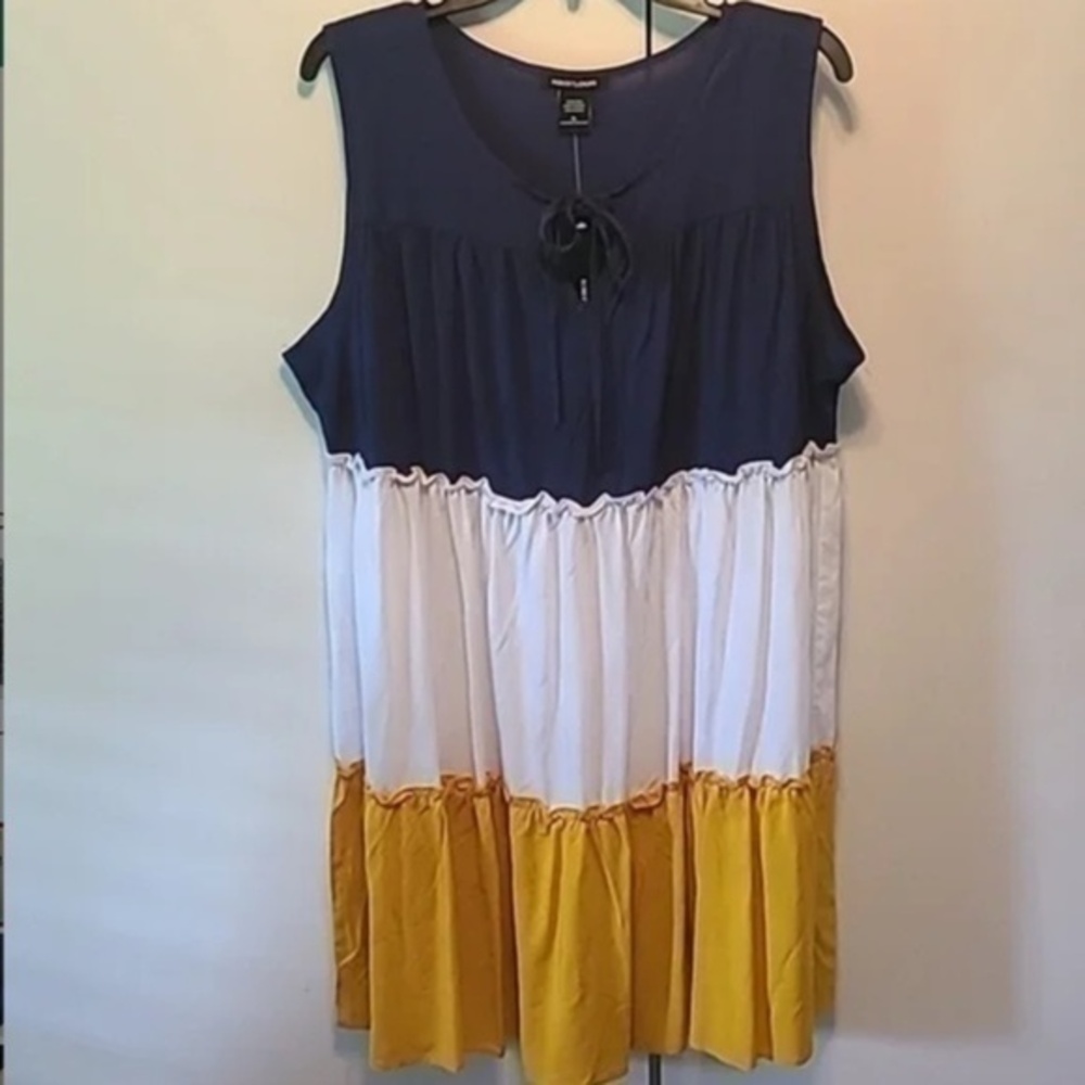 NWOT Robert Louis Keyhole Tie Front Tiered Dress in Titan/ Wht/ Lemonade sz XL